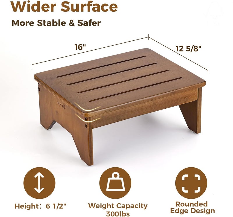 StrongTek Bamboo Bed Step Stool for Adults & Kids – Wide 16" Platform, 300 lbs Capacity, Non-Slip Drainage Surface, 6.5" Height Safe Bedside Stool, Bathroom Shower Step & Office Foot Rest (Walnut) - Image 4